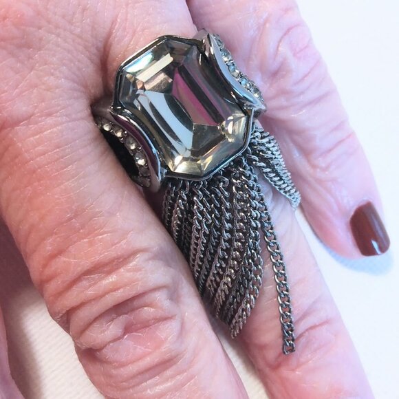 Statement Silver Toned Ring w/ Long Fringe Faux Gemstone Adjustable Cocktail - Picture 1 of 10